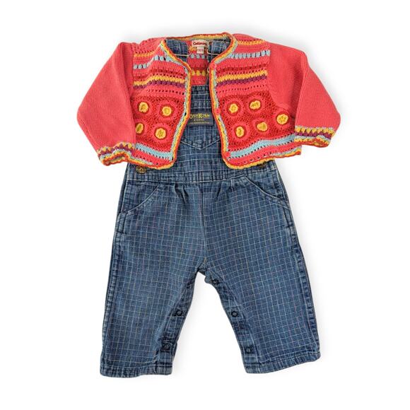 Vintage OshKosh Overalls 6-9 MOS and coordinating Catamini crochet cardigan - Picture 1 of 10